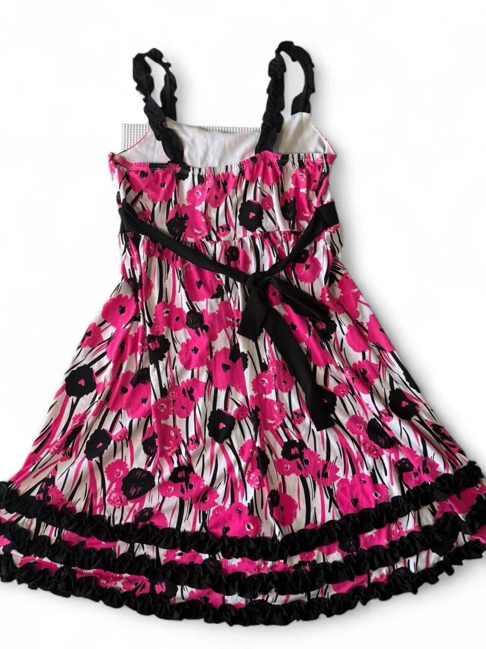 Vintage Y2K Justice Pink Black White Babydoll Floral Ruffle Dress Girls 14